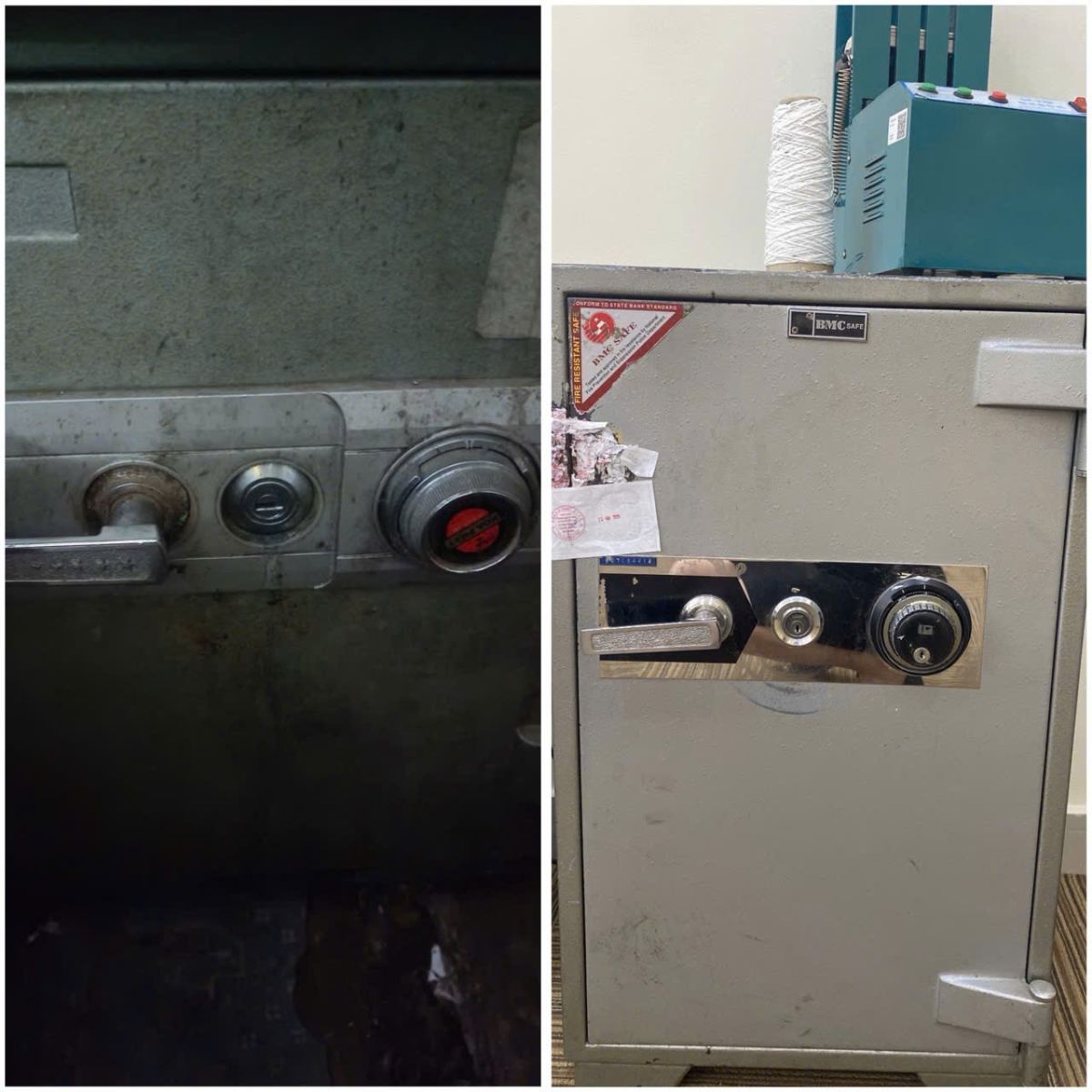 Hình ảnh minh họa ghi nhận trạng thái cơ học cửa két sắt, không bao gồm thao tác mở.